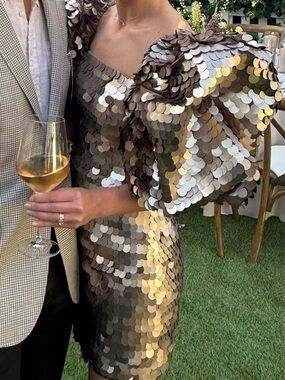 Sequin Puff-Sleeve Mini Dress in Gold
